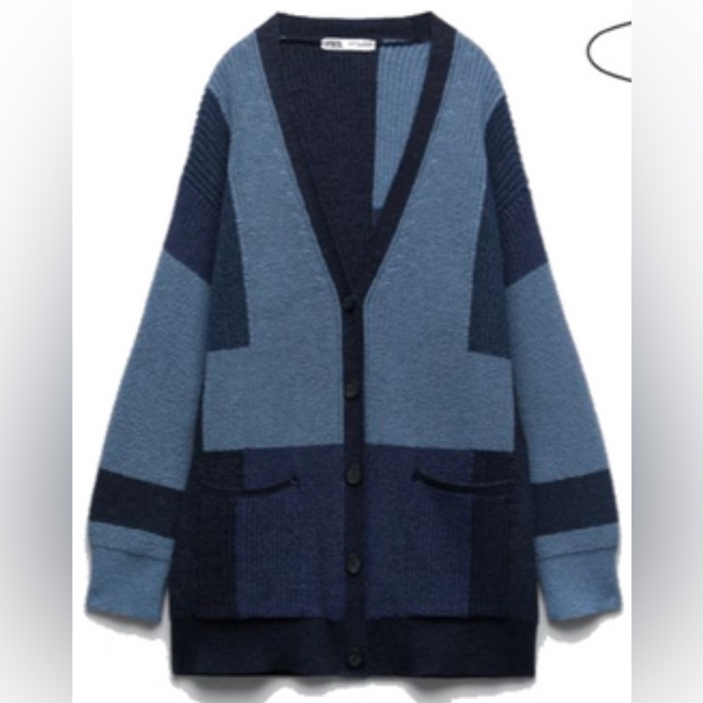 Zara blue color patch chunky knit button up sweater.